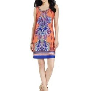 NY Collection Women’s Shift Dress Paisley Size XL Round Neck With Beaded Details